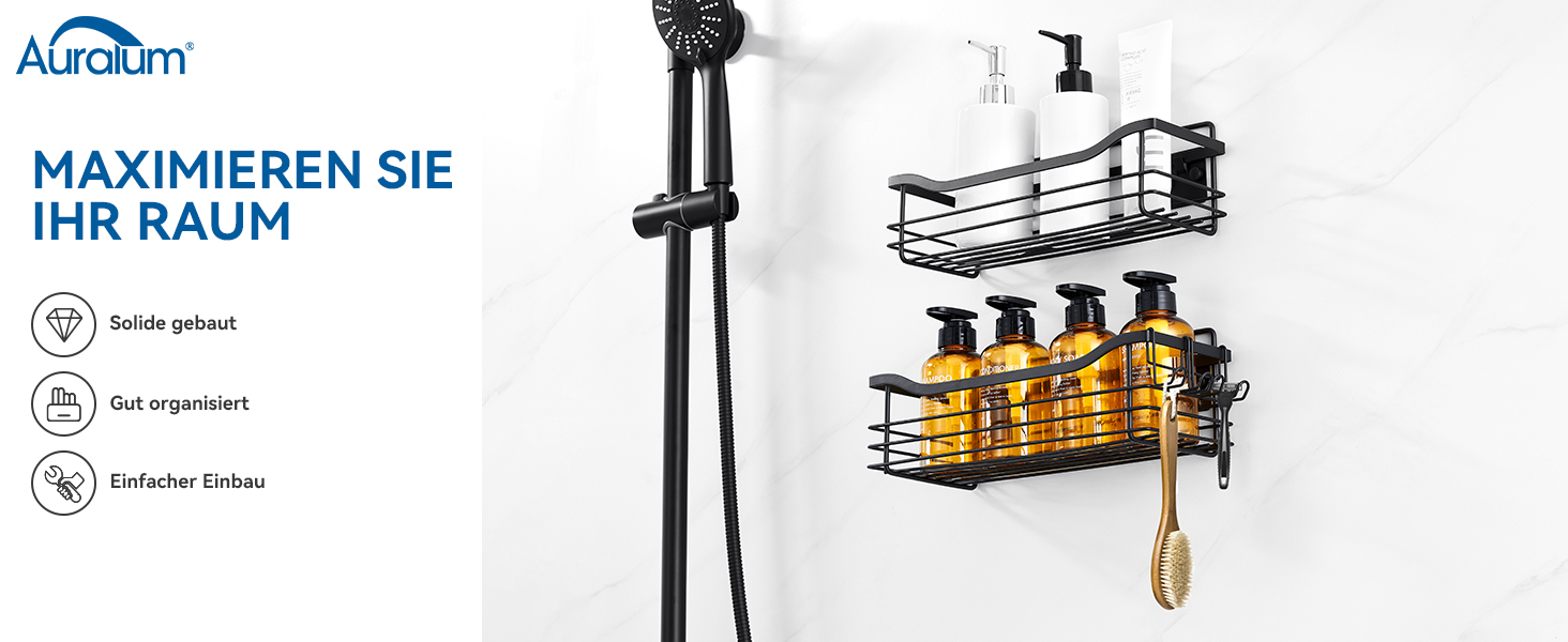 Поличка для душу Auralum без свердління, органайзер для ванної кімнати, 2 шт., чорна сітка, нержавіюча сталь