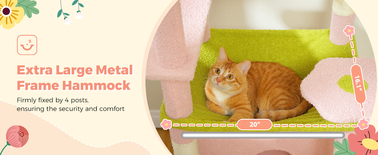 PAWZ Road Драбина-стійка для котів великих порід, 184 см, з гамаком, 7 стовпчиків для дряпання, велика полиця, кошик, для дому (Рожевий)
