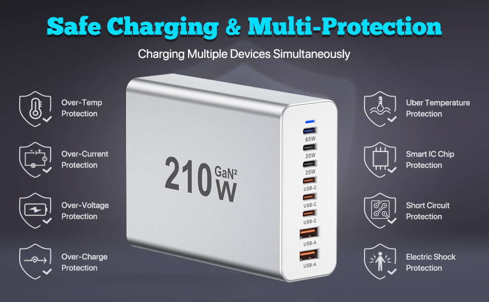 Зарядний пристрій USB-C 210W, багатопортовий (6x USB-C + 2x USB-A) PD 3.0 для iPhone, MacBook, Samsung Galaxy, планшетів - сріблястий
