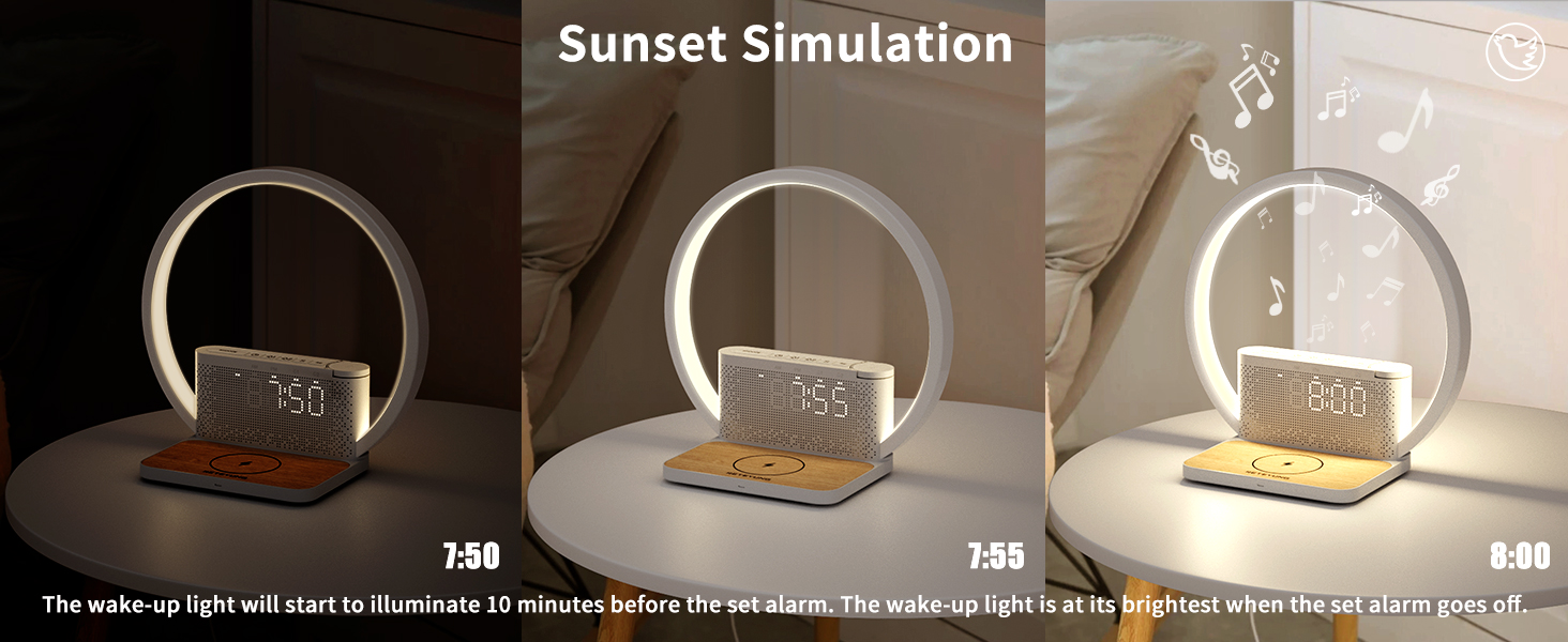 Нічна лампа RETEYUNG з бездротовою зарядкою 10W, 2 будильники, денний світловий будильник, 10 заспокійливих звуків, сенсорне регулювання яскравості (3 рівні), стиль арт-деко