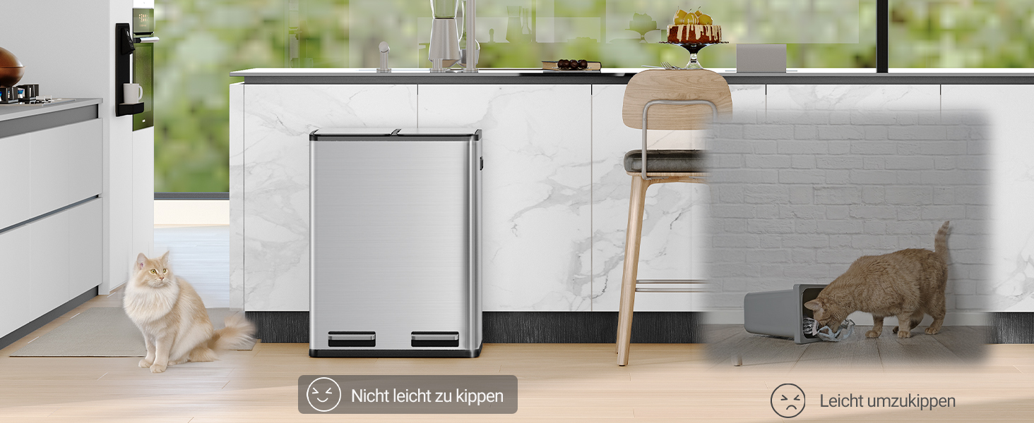 Відро для сміття з сортуванням 2 відділення 60 л (2 x 30 л), нержавіюча сталь, з педаллю, тихий закриття, з 15 пакетами, срібний SW06099E