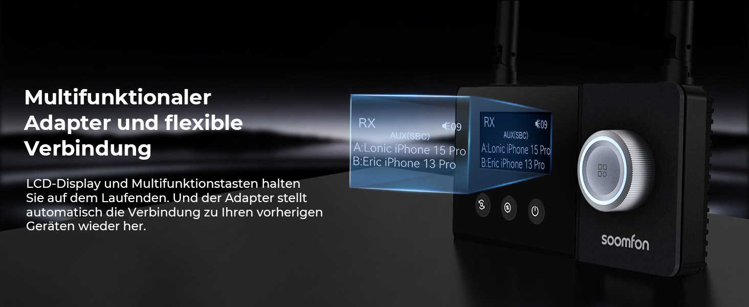 SOOMFON Bluetooth 5.3 Передавач-Приймач для 2 навушників, 3-в-1 Аудіоадаптер з подвійною антеною, Bluetooth Передавач-Приймач для ТВ/Стереосистеми, з регулюванням гучності, Aux/Cinch/Оптичний