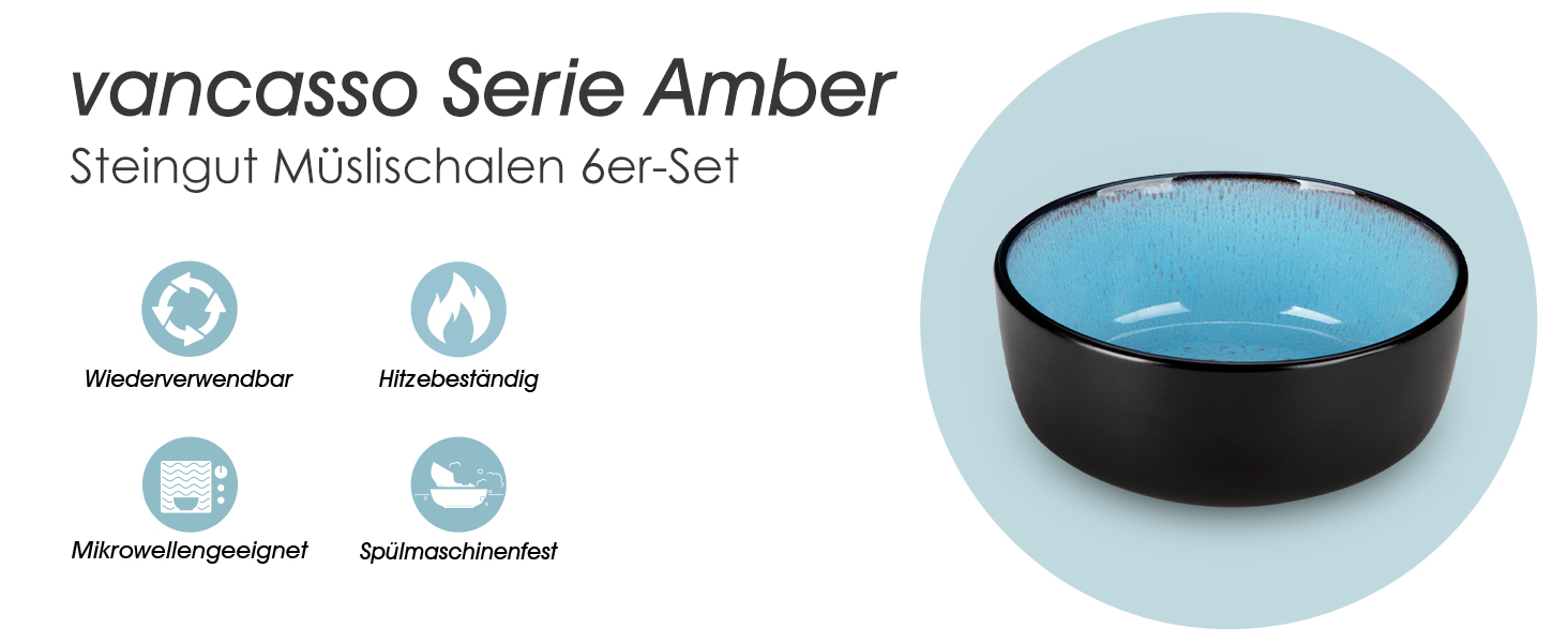 Набір тарілок Vancasso (6 шт.) Amber, 840 мл, для мюслі, супів, салатів, десертів, кераміка, блакитний колір