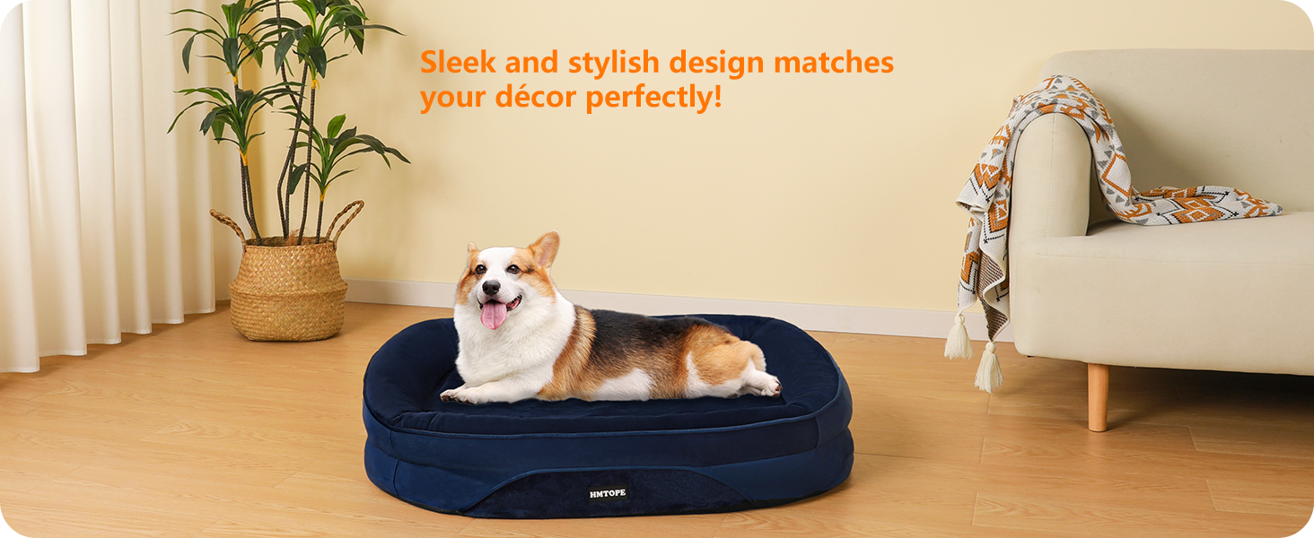 Ортопедичне ліжко для собак HMTOPE, собаче ліжко-софа з валиком для шиї, неслизьке дно, знімне та пральне, для маленьких та середніх собак, 90 x 71 x 15 см, темно-синій