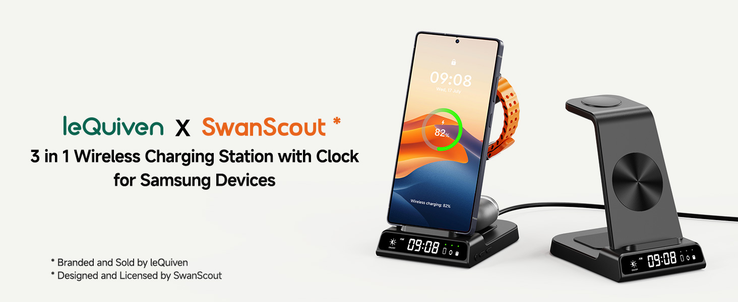 Бездротова зарядка leQuiven 3 в 1 для Samsung Galaxy S25 Ultra, S24, S23, Z Fold/Z Flip, Galaxy Watch 8/7/6/5/4, Buds3 Pro (без адаптера, чорний)