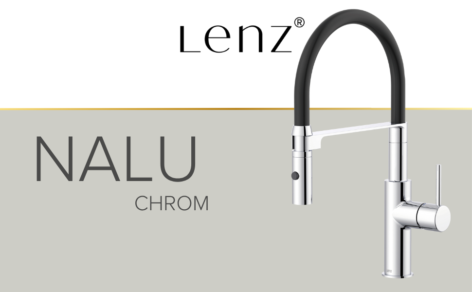 Кухонний змішувач Lenz NALU - матовий, з висувною лійкою, 2 режими, економія води, антижир, монтаж зверху, 46070422 (хром)