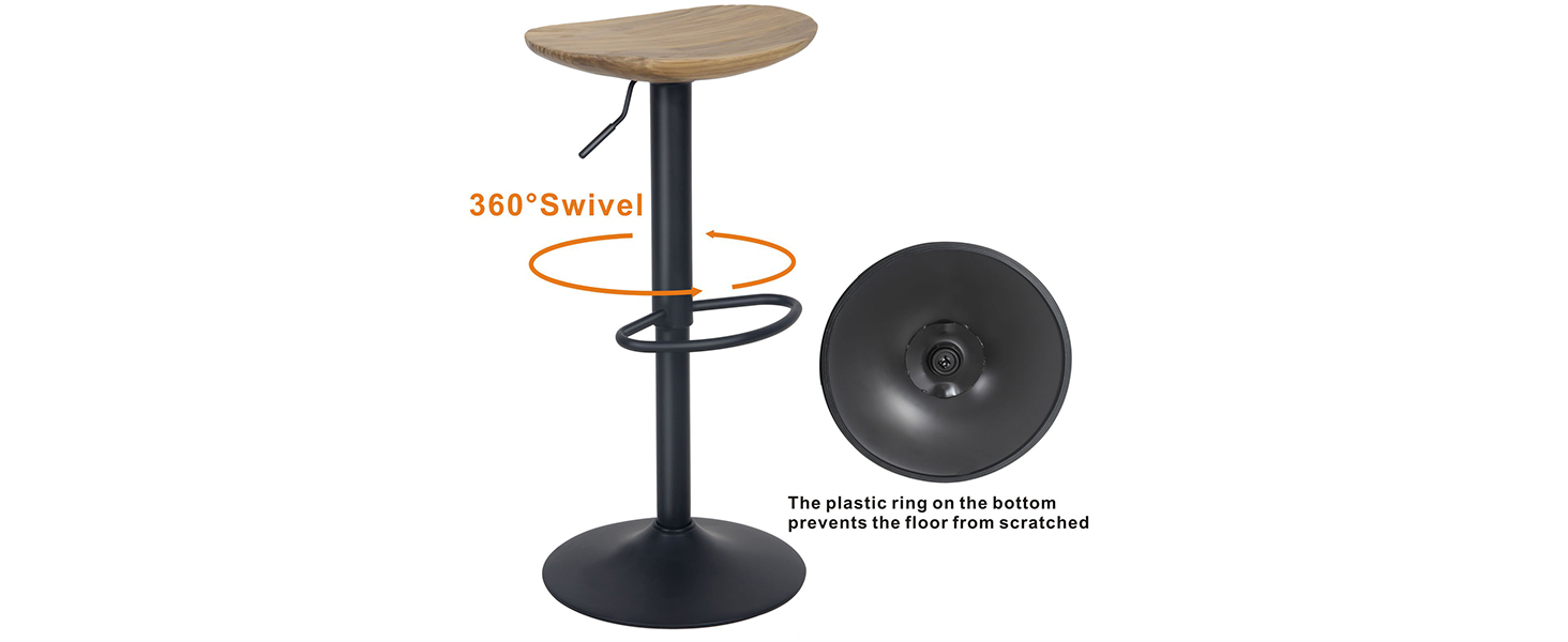 Kidol Adjustable Height Solid Wood Bar Stool with 360° Swivel - Industrial Modern Design for Kitchen Counter - Black