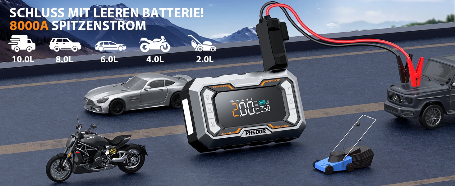 Пусковий пристрій (бустер) 8000A з компресором 150 PSI та Powerbank 25000mAh для авто (бензин до 12л, дизель до 10л), з LED-ліхтарем, помаранчево-сріблястий