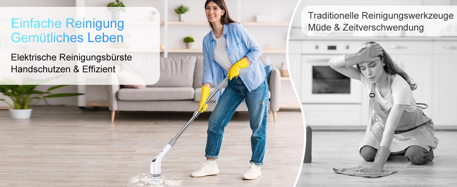 Електрична щітка для прибирання 7 в 1 з регульованою ручкою, змінними насадками, 2 швидкості, для ванної, плитки, IPX7, білий/сірий