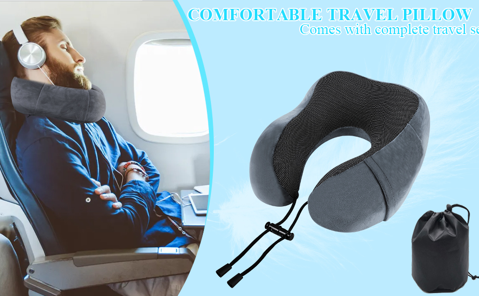 Подушка для шиї у вигляді їжачка Memory Foam для подорожей, дорослі, з навушниками, маскою для очей та сумкою, м'яка, дихаюча, для авто, літака, кемпінгу, офісу, блакитна