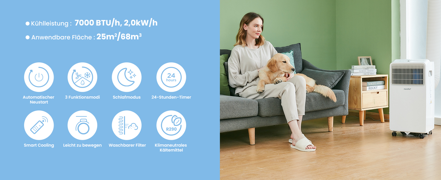 Мобільний кондиціонер Comfee MPPHA-07CRN7, 7000 BTU (2,0kW) - охолодження, вентиляція, осушення, до 68 м³