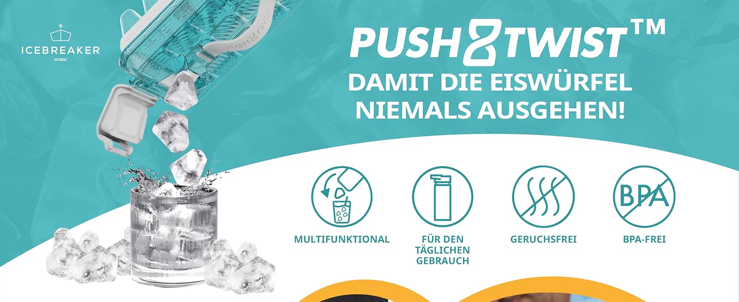 Форма для льоду ICEBREAKER NORDIC Push & Twist з кришкою, контейнер для кубиків льоду для морозильника, герметичний та компактний льодогенератор, Clear Water Blue (18 кубиків)