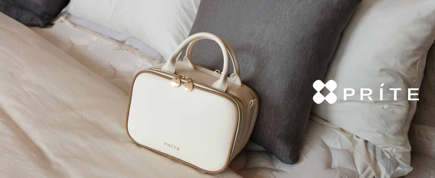 Косметичка для макіяжу Prite з великою місткістю, водонепроникна, з ручкою та кількома відділеннями, бежево-коричнева