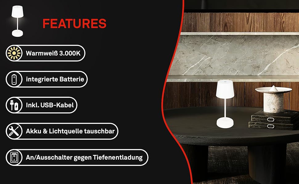 LED лампа BRILONER бездротова, диммерна настільна лампа з USB-C, для дому та кемпінгу, Ø105x260 mm