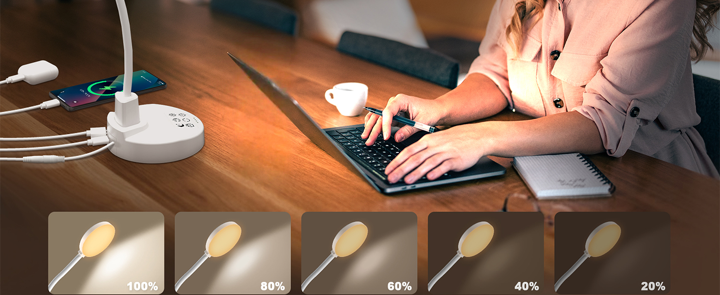 LED настільна лампа 15W з USB-A та USB-C – диммування, 3 колірні температури, 5 рівнів яскравості, таймер, гнусий 360° шийка, захист очей, для офісу та спальні (біла, 12 см)