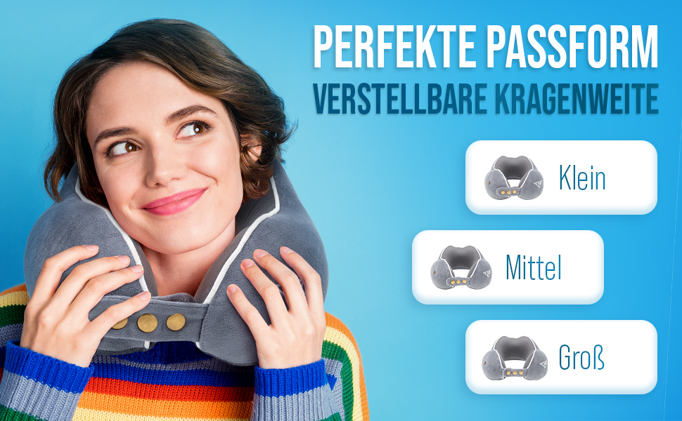 Подушка для шиї Calm – Memory Foam, для подорожей (літак, авто) – регульована ширина коміра, ергономічний дизайн, для дорослих, знімний чохол, сіра