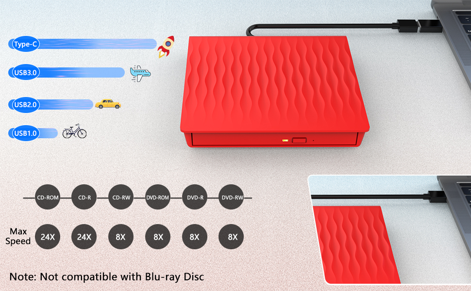 Зовнішній DVD CD привід USB 3.0 та Type-C, записувач CD/DVD +/-RW для ноутбука та ПК, сумісний з Windows, MacOS, Linux (червоний)