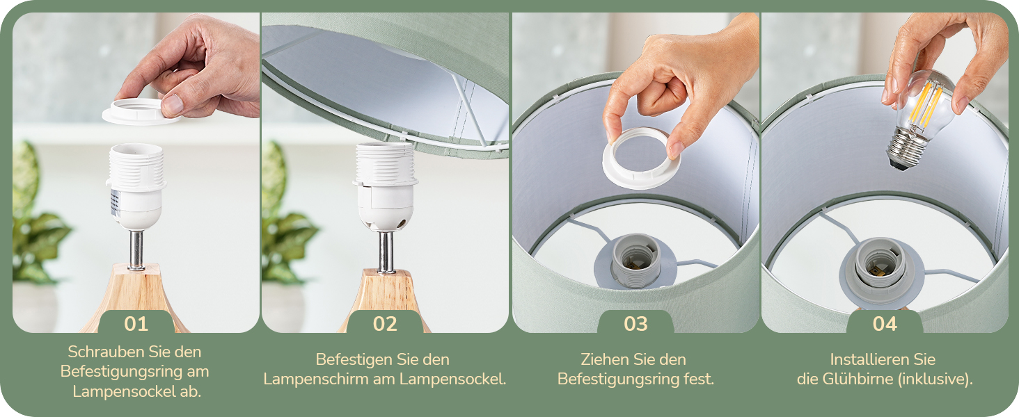 Дерев'яна настільна лампа EDISHINE з абажуром з льону, Е27, для вітальні, спальні, в стилі кантрі [Енергоклас F], колір: зелений льон