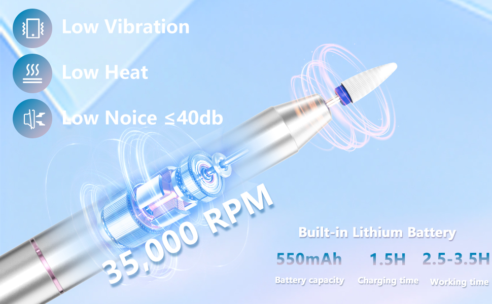 Електричний фрезер для нігтів Nagelfräser Kabellos 2-в-1 з LED лампою для манікюру та педикюру, 35000 об/хв, срібний