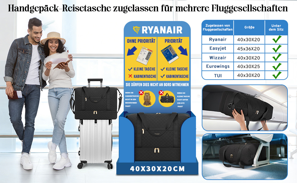 Дорожня сумка ETRONIK для ручної поклажі Ryanair 40x30x20 см, водонепроникна, з відділенням для взуття, чорна