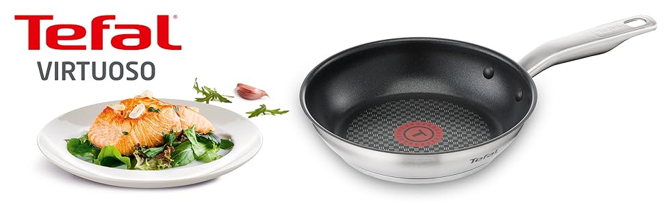 Сковорода Tefal Virtuoso Edelstahl 24 см з антипригарним покриттям Titanium Pro, індукційна, з індикатором нагріву Thermo-Signal, для всіх типів плит