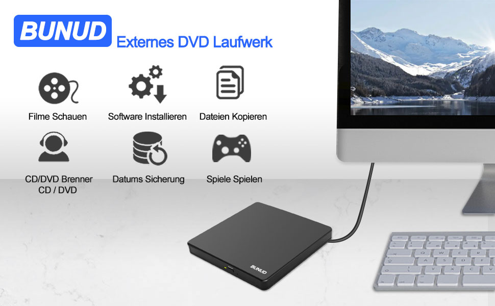 Зовнішній DVD-навігатор та CD-привід BUNUD для Windows 11, Mac, MacBook, PC: USB DVD-записувач та плеєр з картридером SD/TF та 2 USB-портами