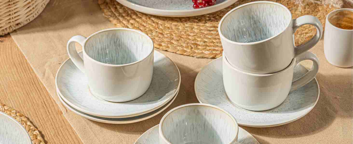 Набір кавових чашок SÄNGER Santorini з блюдцем, 8 шт. (4 персони), 150 мл, кремовий з блакитним градієнтом, кераміка, преміум-якість