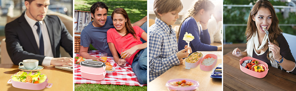 Ланчбокс дорослий з сумкою, б/дос. контейнер для їжі для дітей з 3 відсіками, вил. витікання, мікрохвл. б/дос. бенто-бокс для роботи, школи, пікніка, подорожей (рожевий)