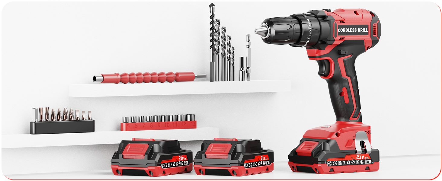 Акумуляторний шуруповерт 21V з двома акумуляторами 2000mAh, 45Nm, 25+3 ступені крутного моменту, LED, для дому та саду, DIY проєкти