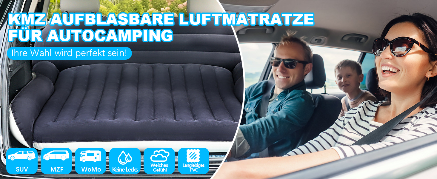 Надувний матрац SUV з 2 подушками – товстий, з фетром, для автомобіля – мобільні подорожі, кемпінг та відпочинок на природі – швидке надування та здування з електричним насосом