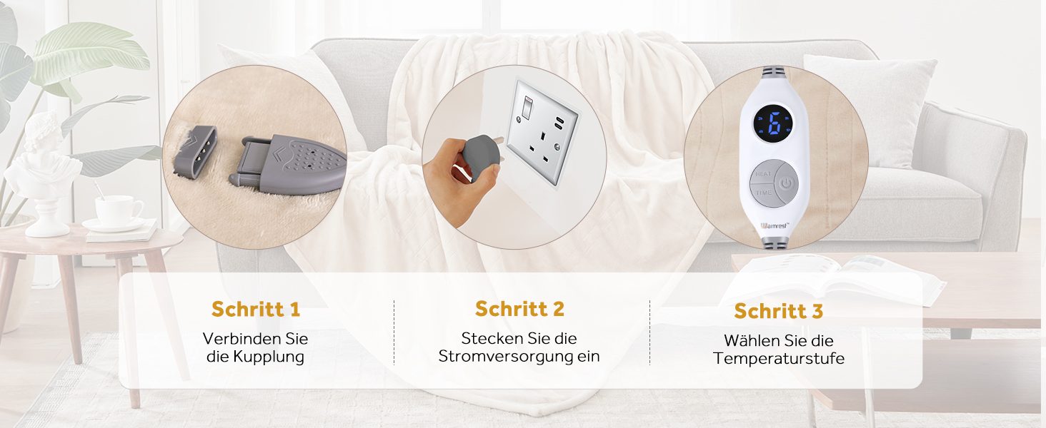 Електрична ковдра Warmrest з фланелі, 130x180 см, 6 температурних режимів, таймер 1-10 годин, автовимкнення та захист від перегріву, можна прати, бежева