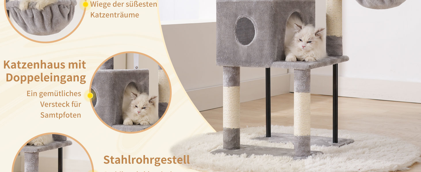 Котячий будиночок Heybly Kratzbaum HCT200SW: кігтеточка, будиночок, лежанка, 125 см, сірий