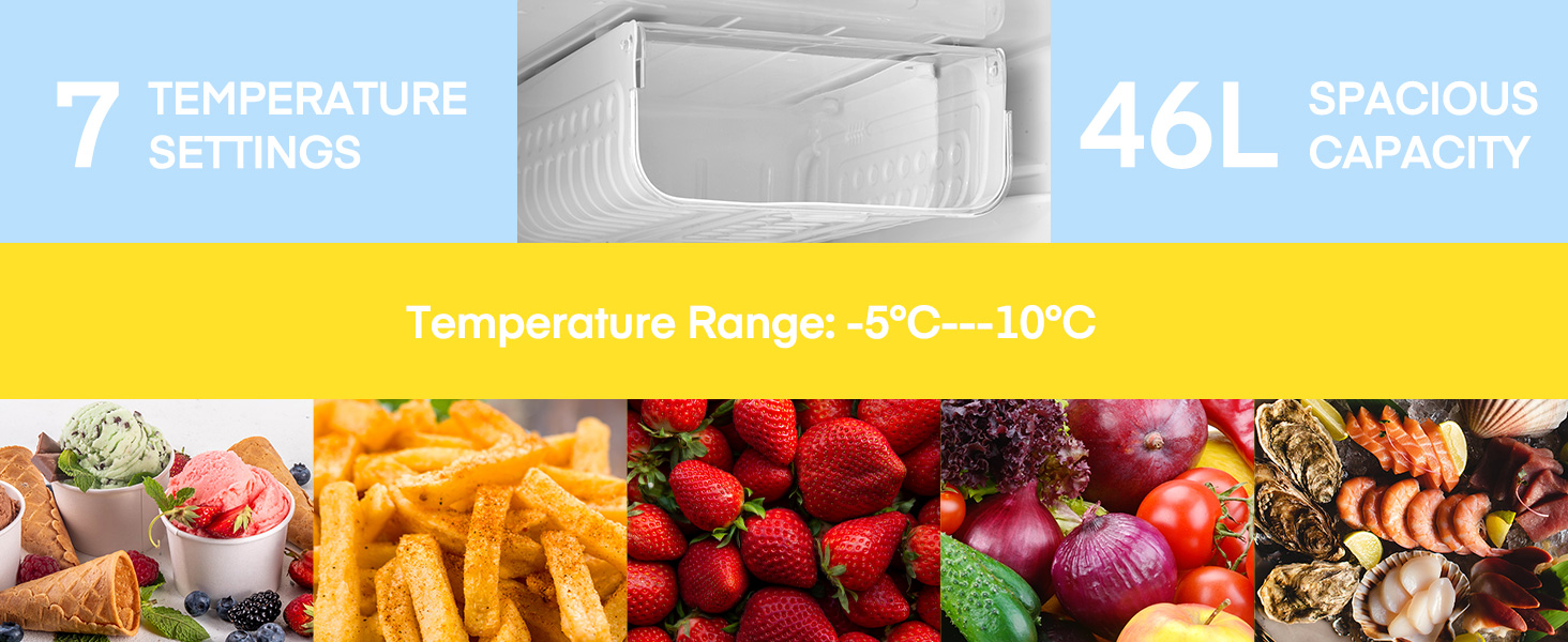 Міні-холодильник 46л з відділенням для льоду, чорного кольору. Енергоефективний, з регулюванням температури та змінним напрямком відкривання дверцят. Ідеально підходить для кухні, офісу, спальні, готелів та невеликих квартир.