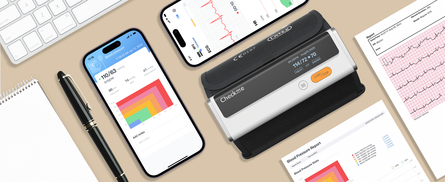Тонометр на плече CheckMe Armfit Plus Bluetooth з ЕКГ, аналіз ЕКГ-звіту, вимірювання тиску за 30 секунд, частоти серця, підтримка кількох користувачів, сумісний з Android/iOS BP2