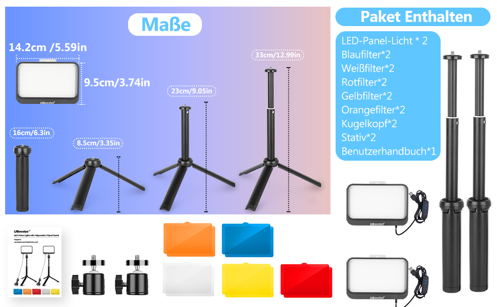 LED відеосвітло UBeesize 2 шт. з регульованою яскравістю, штативом та фільтрами для відеоконференцій, стрімінгу та YouTube