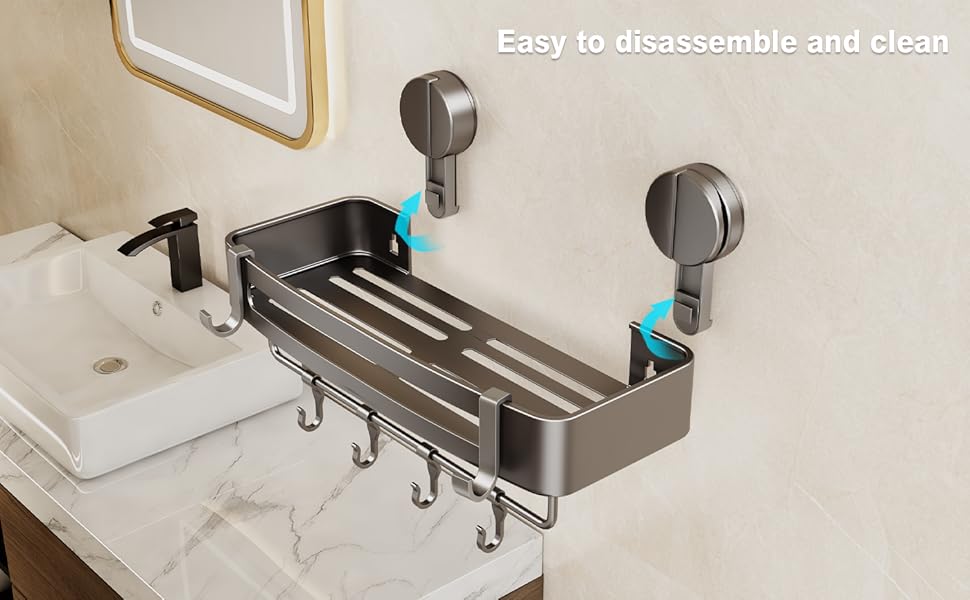 Поличка для душу без свердління, кутова поличка для ванної кімнати з присосками, корзина для душу з тримачем для рушників та знімними гачками (2 шт., сіра) (Прямокутна – 2 шт.)