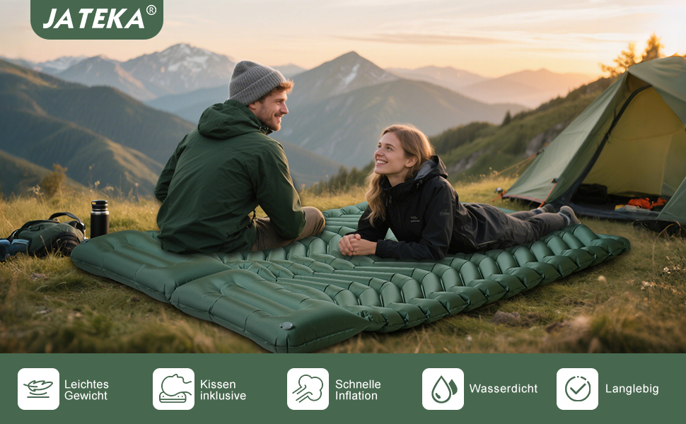JATEKA Self-Inflating Sleeping Pad - Ultralight Camping Mat with Pillow & Foot Pump - Compact Sleeping Pad for Backpacking, Hiking, Travel & Tent (Double Size)