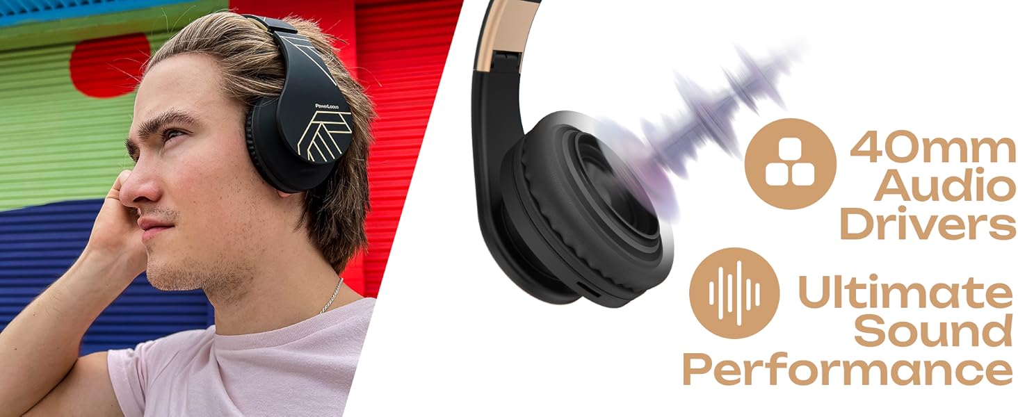 Бездротові навушники PowerLocus Over-Ear з Bluetooth, мікрофоном, складні конструкції, м'які амбушюри, Hi-Fi стерео бас, для дітей/дорослих/TV/PC/Home Office (Чорний/Золотий)