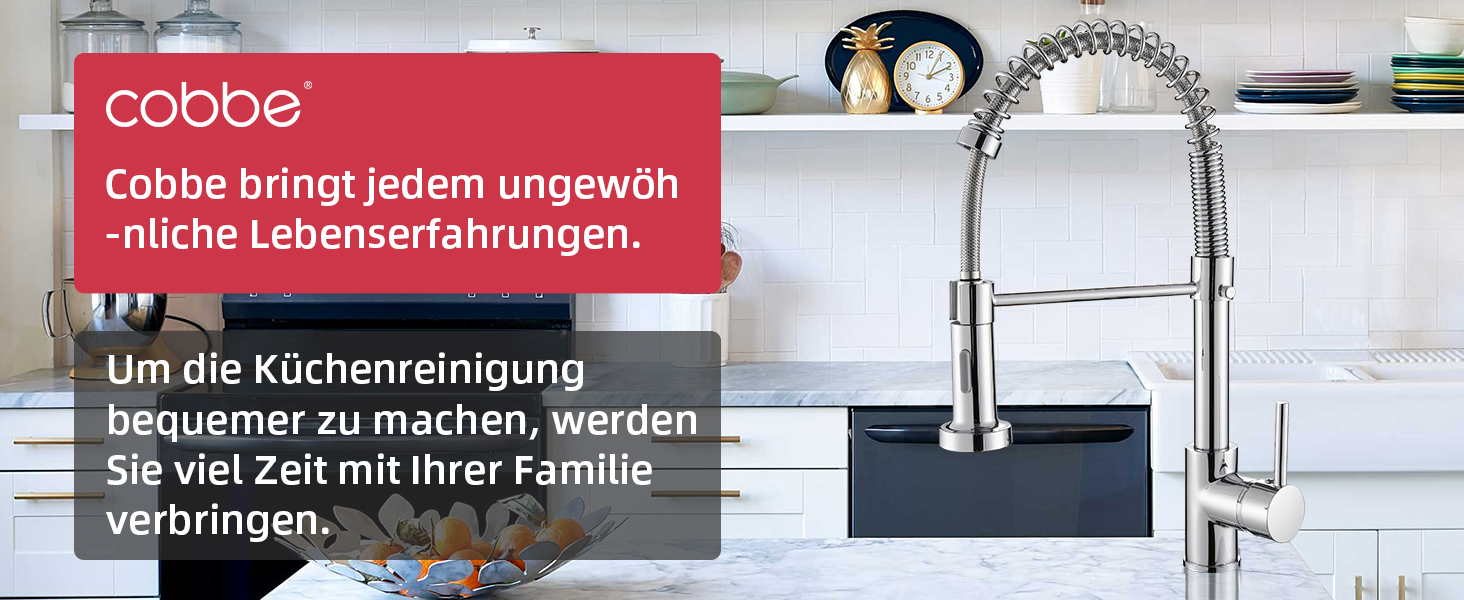 Змішувач для кухні Cobbe з висувним виливом та душем, 2 режими, поворотний на 360°, високий тиск, хром