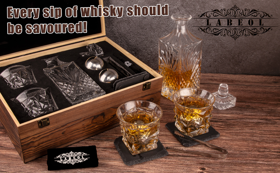 Набір для віскі: келих, шматочки з нержавіючої сталі, декантер, підставки (для чоловіків)