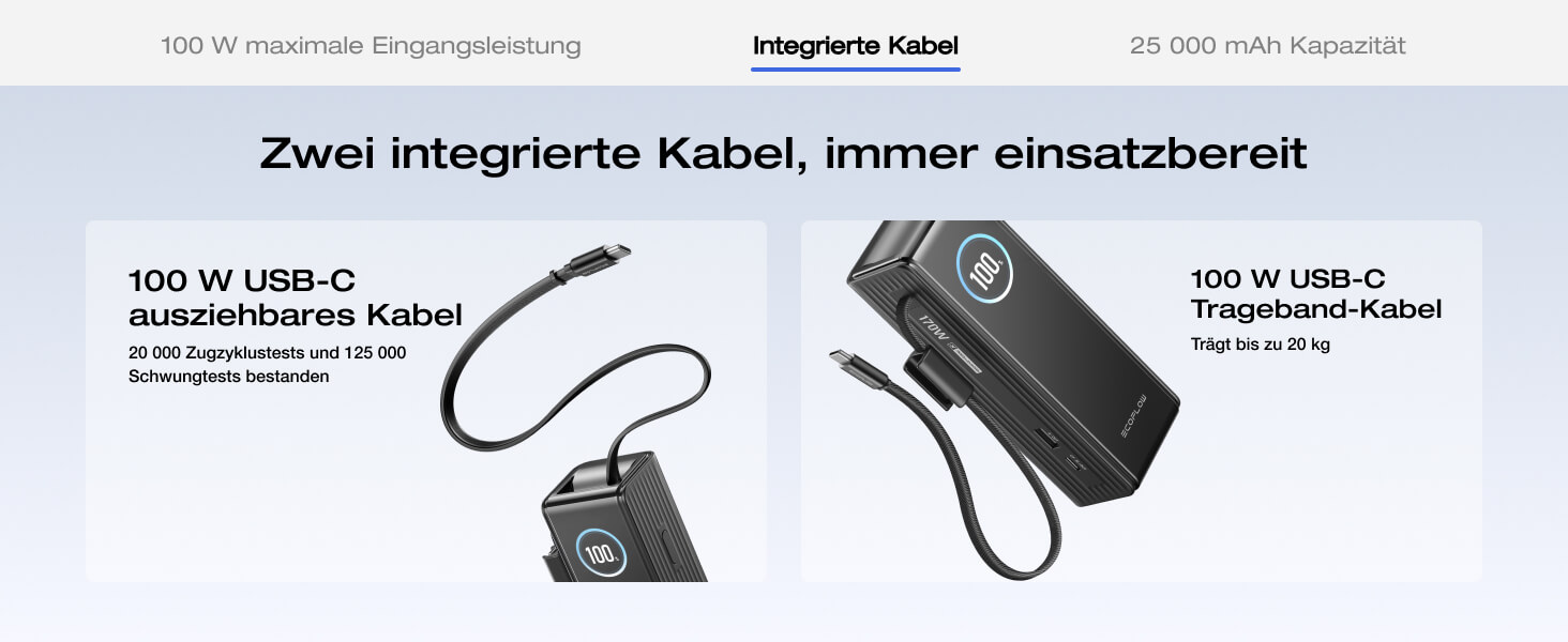 EcoFlow Powerbank 25000mAh 170W: портативний зарядний пристрій з вбудованим кабелем 100W USB-C для ноутбуків та смартфонів (iPhone, MacBook, Samsung), чорний