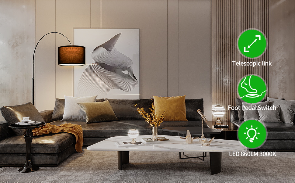 Торшер для вітальні JASMIN I з LED E27, чорний абажур 33 см, з вимикачем на нозі, торшер-арка, вінтажний стиль, підходить для спальні, готелю