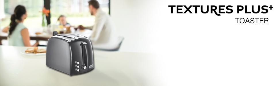 Тостер Russell Hobbs Textures+ з 2-ма тостами, чорний (850W, 6 рівнів підсмажування, підставка для бургерів, щипці)