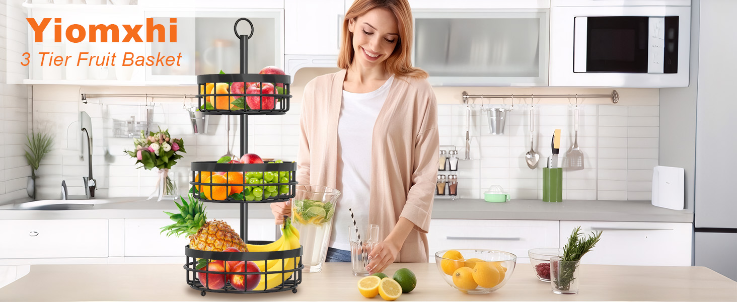 Металева фруктова етажерка Yiomxhi 3 ящики, чорна – для зберігання фруктів, овочів, хліба та закусок