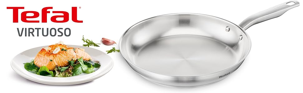 Сковорода Tefal Virtuoso 28 см з нержавіючої сталі, індукційна, довговічна, з ергономічною ручкою - E49206
