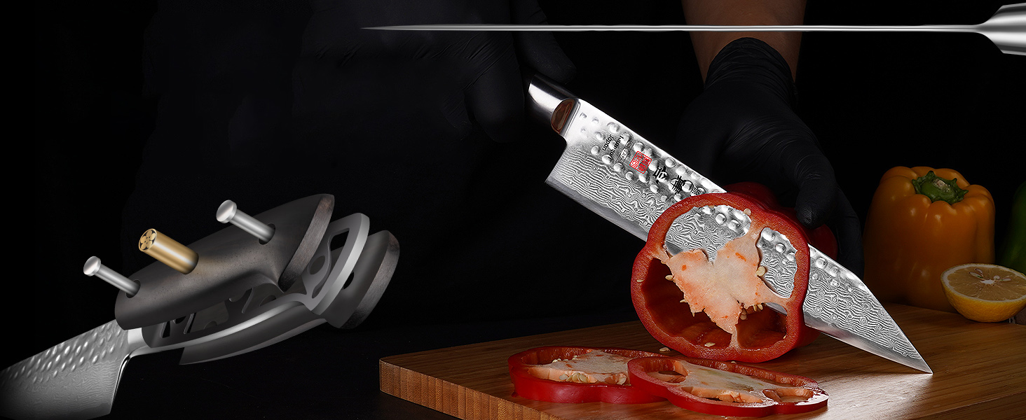 Ніж кухарський Kanngou Gyuto 21 см, японська дамаська сталь (67 шарів), рукоять з чорного дерева, професійний ніж у подарунковій коробці