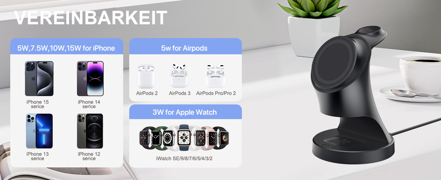 3-в-1 Зарядний пристрій MagSafe: бездротова зарядка для iPhone та Apple Watch, AirPods. Чорний