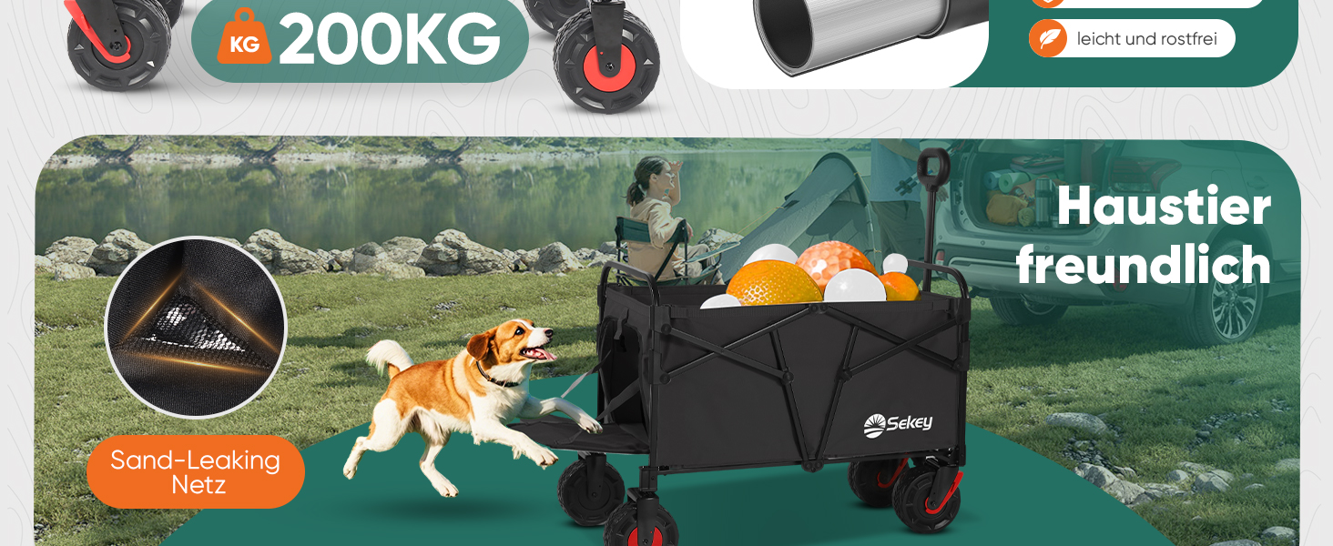 Візок пляжний складаний Sekey Bollerwagen XXL 200кг 155л, чорний - для піску та транспортування речей
