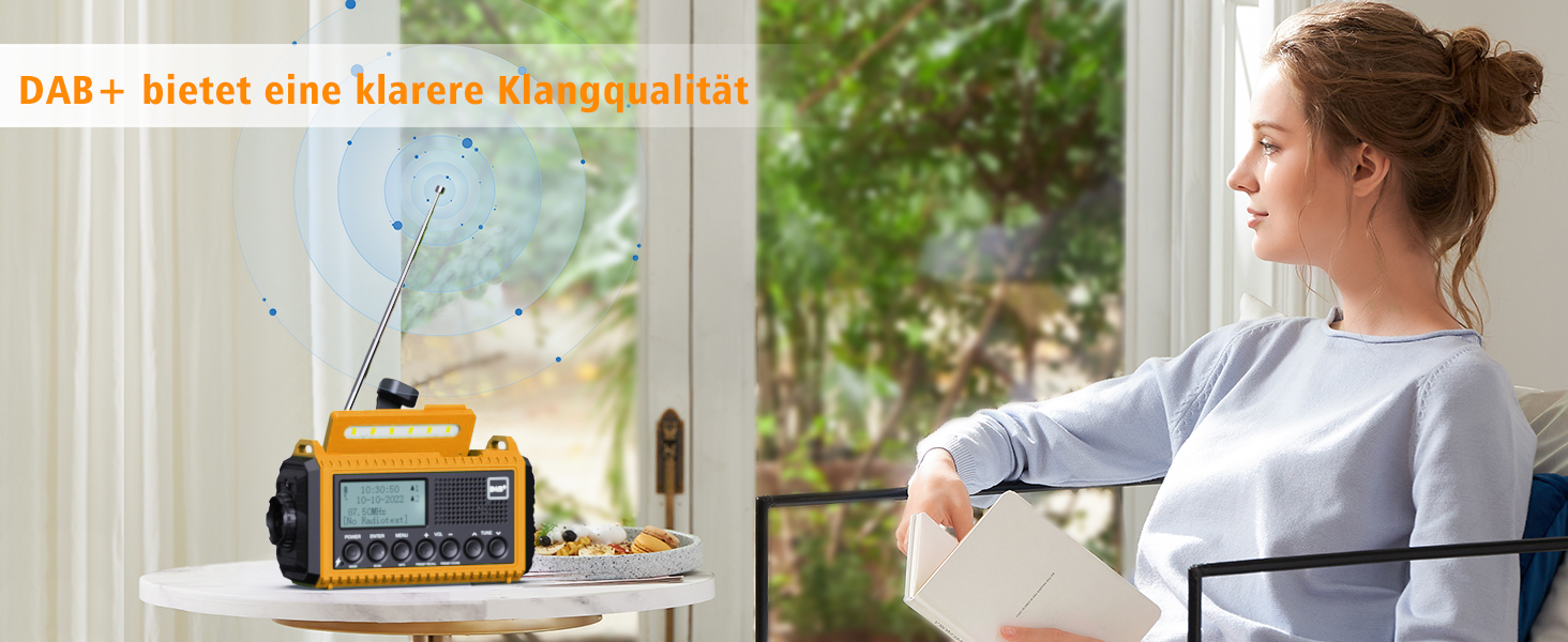Радіоприймач Kurbelradio з DAB+/DAB/UKW, акумулятор 5000mAh, ліхтарик, аварійне радіо, USB-зарядка, FM, динамо, SOS-сигнал, для туризму та відпочинку на природі (жовтий)