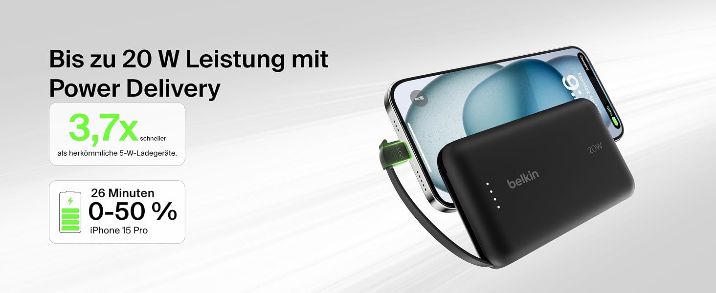 Повербанк Belkin BoostCharge 10000mAh 20W з вбудованим кабелем USB-C, LED-індикатором, чорний